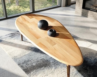 Solid Wood Coffee Table, Mid Century Modern Center Table for Living Room, Handmade Oval Wooden Coffee Table, Unique Home Decor Furniture