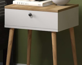 Mid Century Modern End Table with Drawer, Scandi Side Table, Minimalist Wood Accent Table, White Oak Furniture, Small Space Entryway Table
