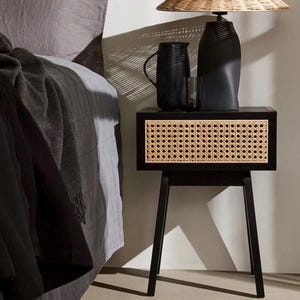 Mother’s Day Gift, Perfect Gift Idea – Black Nightstand with Wicker Rattan Door, Modern Bedside Table, Handmade Wooden Commode, Boho Storage