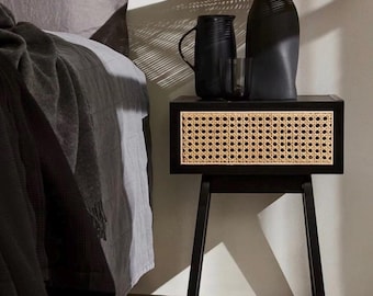 Mother’s Day Gift, Perfect Gift Idea – Black Nightstand with Wicker Rattan Door, Modern Bedside Table, Handmade Wooden Commode, Boho Storage