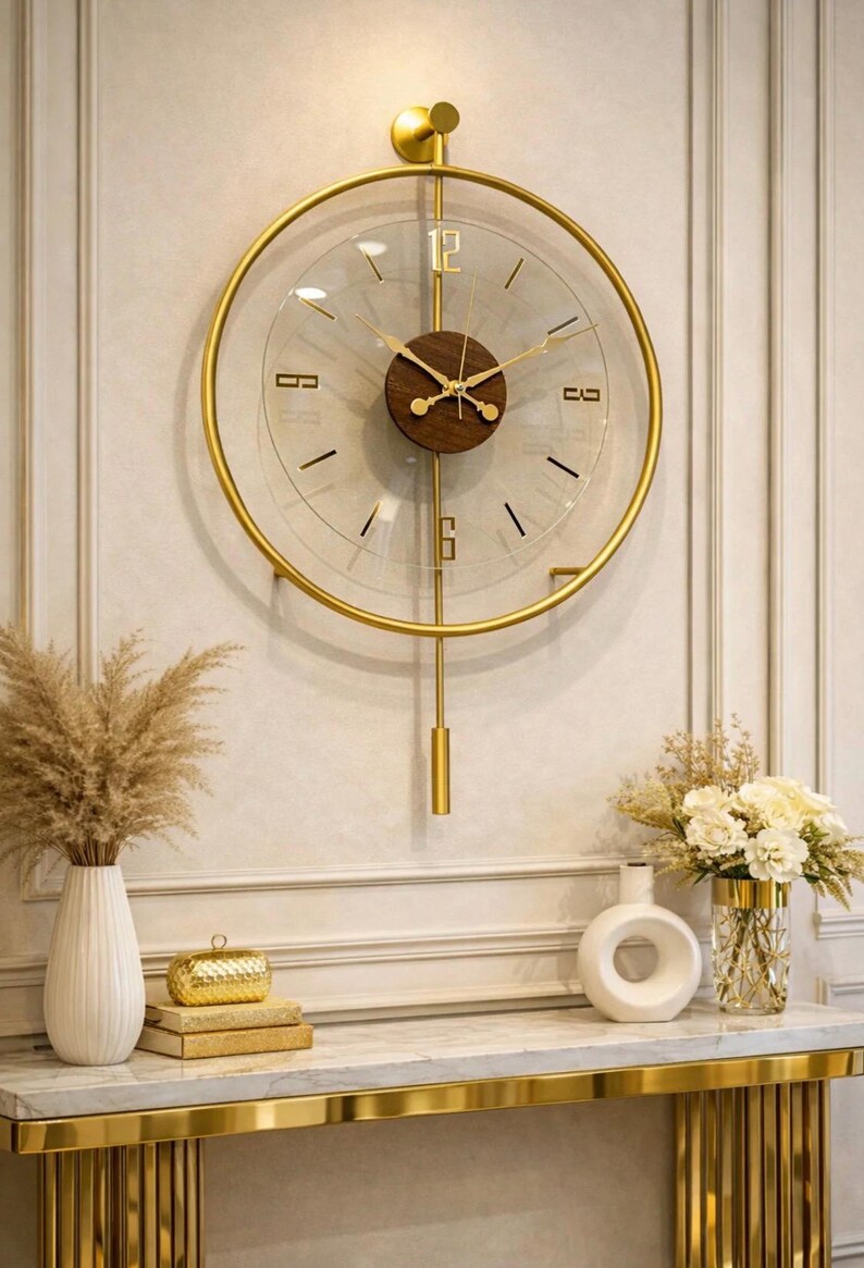 Silver and Gold Metal Wall Clock With Tempered Glass, Minimalist Silent ...