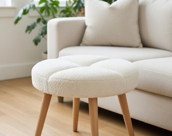 Boucle Teddy Ottoman Stool, Round Puffy Footrest, Wooden Legs, Modern Vanity Seating