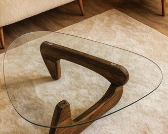 Tavolino da caffè in vetro fatto a mano in stile Noguchi, base in legno massello