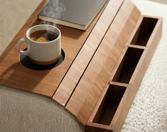 Bandeja de madera para el reposabrazos del sofá con portavasos, mesa auxiliar para el reposabrazos, organizador para el sofá, organizador para el mando a distancia, bandeja para la mesa del sofá del salón.