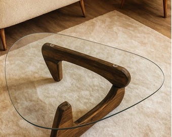 Mid Century Modern Glass Coffee Table, Solid Wood Organic Shaped Center Table for Living Room, Minimalist Triangle Coffee Table, PufyHome