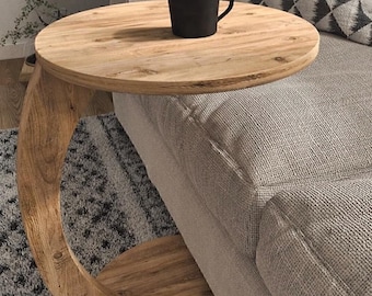 C-Table bijzettafel, moderne ronde bijzettafel voor woonkamer, houten bankbanktafel, handgemaakte laptopstandaard, minimalistisch nachtkastje, accenttafel
