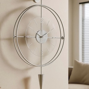 Reloj de pared de metal plateado con cristal templado, reloj silencioso minimalista de gran tamaño, decoración de pared plateada irrompible, reloj de péndulo moderno para el hogar.