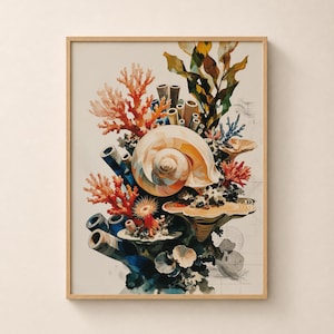 May include: A vertical wall art print featuring a detailed illustration of a large, spiraled seashell surrounded by vibrant orange and red coral branches, blue tube sponges, and brown seaweed, all set against a light cream background.