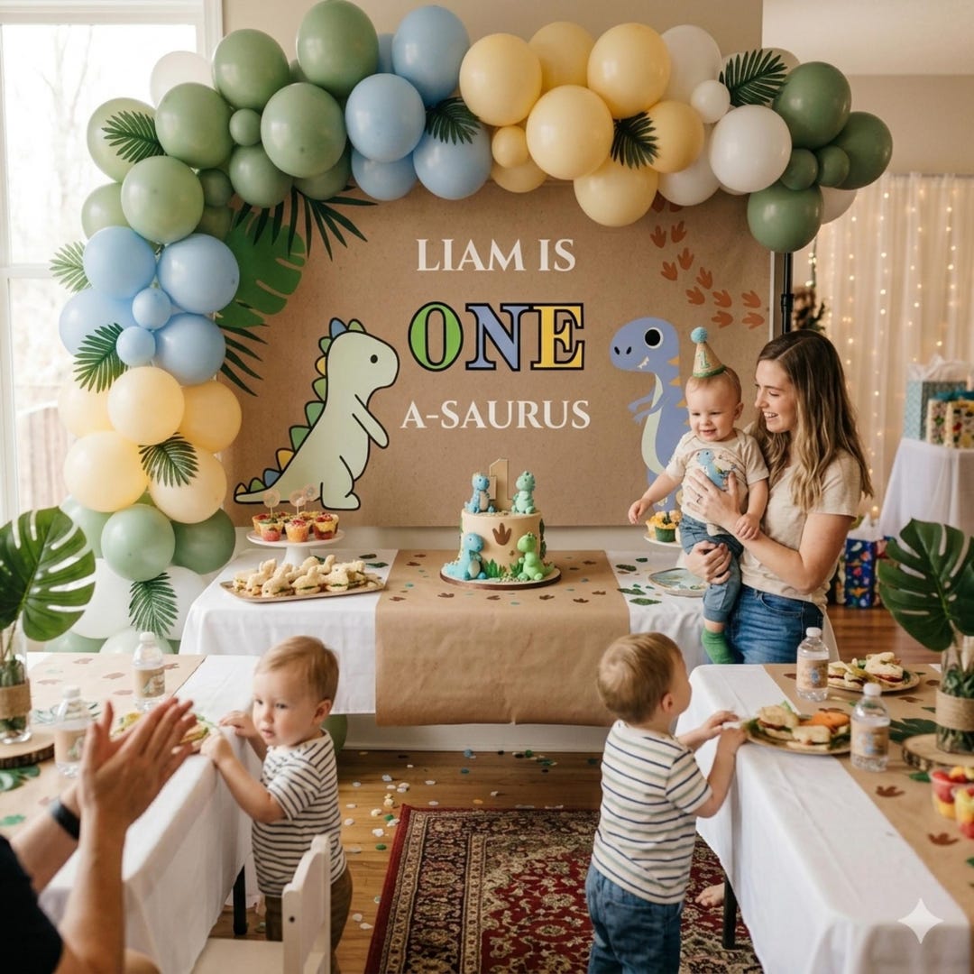 Dinosaur First Birthday Banner Template, Editable Dino Party Backdrop ...