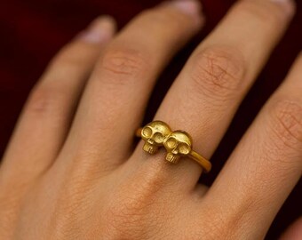 Double Skull Ring Baguette Ring Solid 14K Yellow Gold Goth Ring Delicate Stackable Skull Unique Skull Ring
