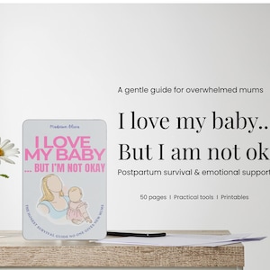 May include: A book titled "I Love My Baby... But I'm Not Okay" with a drawing of a mother and baby. The book is a guide for postpartum survival and emotional support. A daisy in a small vase is on the left.