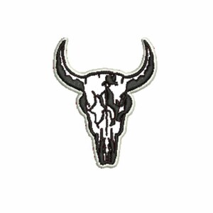 May include: An embroidered patch featuring a black and white bull skull design. The skull is depicted with sharp, curved horns and intricate black line work detailing the bone structure, all outlined with a clean white border.