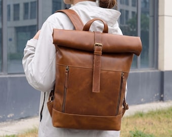 Leder Laptop Rucksack für Frauen Männer, Roll Top Arbeitsrucksack, große Reisetasche, Vollnarbenleder Rucksack, Geschenk für Sie Und Ihn