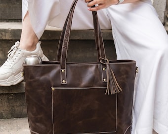 Brown Leather Tote Bag for Women, Large Leather Work Bag, Laptop Tote Purse, Personalized Shoulder Bag Gift for Her