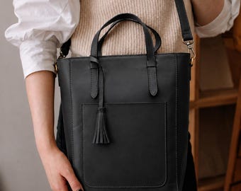 Black Convertible Backpack for Women, Leather Laptop Tote Bag, Sling Crossbody Satchel, Work Backpack Purse, Gift for Her