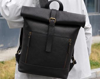 Schwarzer Laptop-Rucksack aus Leder für Damen und Herren, Rollverschluss-Rucksack für den Arbeitsalltag, große Reisetasche, Rucksack aus Vollnarbenleder, Geschenkidee für Sie und Ihn