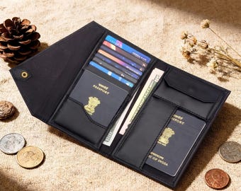 Personalized Leather Travel Wallet, Passport Holder for 2 Passports, Boarding Pass Document Organizer, Gift for Him Her