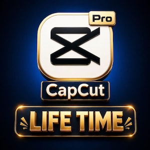 May include: A digital graphic featuring the CapCut logo with a white background and black design, outlined in gold. Below, the word "CapCut" is displayed, followed by "LIFE TIME" in gold lettering on a black background, with a blue gradient.