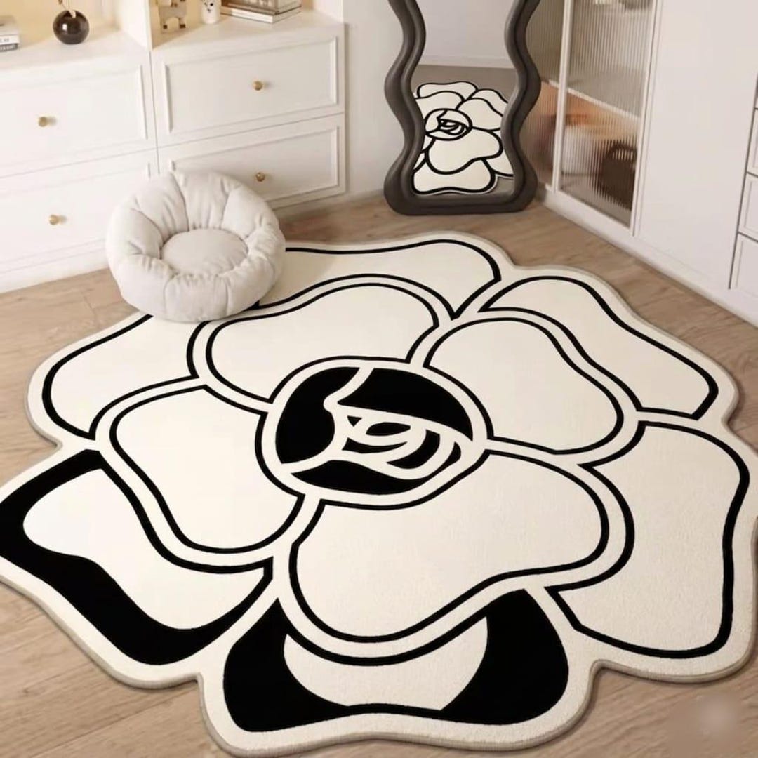 Black & White Floral Outline Rug – Modern Abstract Flower Shape Carpet ...