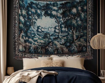 Timeless Chateau Style French Aubusson Tapestry Throw | Blue Vintage Indigo Landscape Woodland River Art Rustic Luxury Woven Blanket Decor