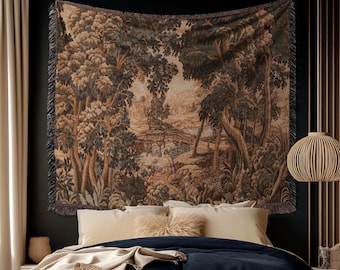 Jacquard French Pastoral Scenic Wall Tapestry Woven Rustic River Art | Classical Home Decor Vintage Verdure Heron Bird Nature Wall Hanging