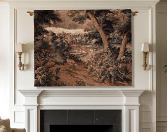 Burnt Umber Castle Landscape Tapestry Art Hanging, Golden Elegance Tranquil Room Accent Rococo English Cottage Woven Jacquard Luxury Textile