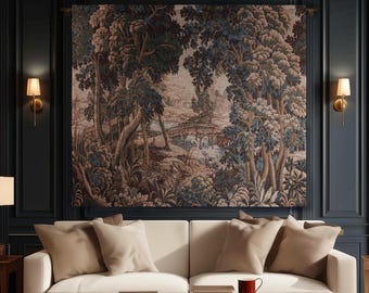 Royal Verdure Scenic River View Wetland Landscape Woven Textile Flemish Tapestry | Countryside Waterway Heron Rustic Bird and Foliage Decor