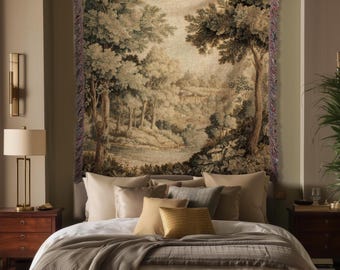 Soft Nature Tapestry Pastoral Wall Art Riverbank Scene 18th Century Decor | Muted Green Landscape Verdure Tapestries Scenic Woven Blanket