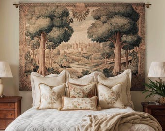 European Countryside Woven Tapestry French Verdure Art Scenic Wall Hanging | Romantic Classical Pastoral Scene Cozy Cotton Old World Decor