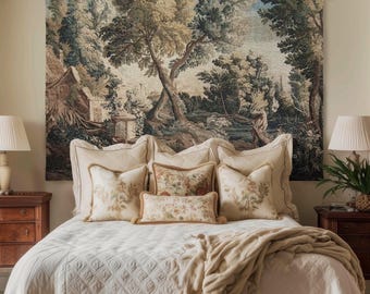 Peaceful Landscape European Old World Aubusson Chinoiserie Textile Tapestry | Antique Farmhouse French Cottage Art Woven Lake Scene Decor