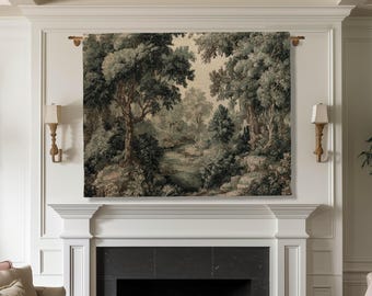 Vintage Forest Traditional Jacquard Woven Tapestry Wall English Cottage Art | Tranquil Landscape Cozy Woodland Scene European Pastoral Decor