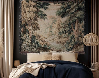 English Woodland Foggy Forest Woven Fringe Blanket Misty River Tapestry | European Wall Art Nature Scene Romantic Cottage Jacquard Throw