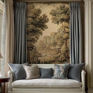 May include: A cozy seating area featuring a white loveseat with gray and patterned pillows. The backdrop is a landscape tapestry, framed by gray curtains and beige drapes. A small side table with a lamp sits to the left. The text "WILLOWBROOK MANOR Fine Art Home Decor" is at the bottom.