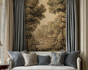 Classic Old World Countryside Riverbank Tapestry Throw Neutral Landscape Textile Art | Elegant Nature Woodland Woven Blanket Wall Hanging