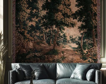 Woodland Forest Woven Blanket Wall Tapestry Decor | Antique French Textile Jacquard Tree Scene Art Traditional Greenery Pond Landscape Throw