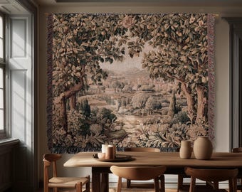 Italian Villa Countryside View Tuscan Landscape Woven Wall Tapestry | Elegant Rustic European Vintage Textile Art Pastoral Orchard Decor