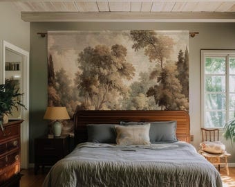 Misty Woodland Forest Landscape Tapestry Classic Elegance Woven Wall Art | Heritage Style Farmhouse Antique Forest Blanket Earthy Home Decor