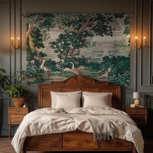 May include: A bedroom scene featuring a wooden bed frame with a cream-colored comforter and pillows. A large tapestry with a nature scene hangs above the bed. The text "WILLOWBROOK MANOR Fine Art Home Decor" is visible.