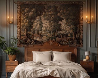 Rural Landscape French Jacquard Woven Throw Warm Earth Tone Verdure Blanket, Traditional Historic Forest Scene Textile Rustic Antique Decor