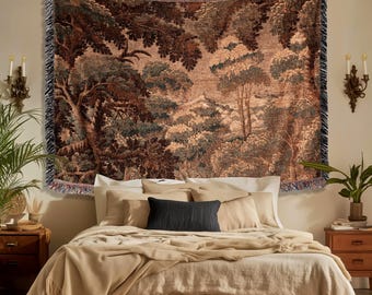 Dark Canopy Rustic Landscape Woven Wall Hanging | Old World Soft Colors French Verdure Throw Blanket 18th Century Countryside Cottage Throw