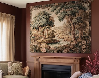 Pastoral Tapestry Scenic Countryside Verdure Aubusson Woven Textile Art | Woodland Whimsy Forest River Wall Art Romantic Landscape Decor