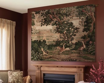 Garden Clearing Wildlife Garden Wall Textile, 17th Century Woven Tapestry Verdure Floral Folklore Throw Blanket French Aubusson Royal Estate