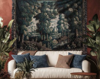 17th Century French Verdure Woodland Tapestry Throw Woven Forest River Landscape Textile Art | Aubusson Style Antique Country Manor Wall Art