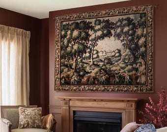 Forest Flora Scenic Tapestry Countryside Wall Art Pastoral Chateau Decor | European Inspired Rustic Nature Woven Blanket Traditional Decor
