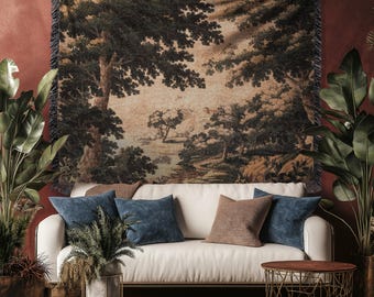 Earthy Woodland Woven Hanging Jacquard Tapestry Throw Blanket Old World Home Decor, Elegant English Country Foggy Woods Rustic Landscape Art