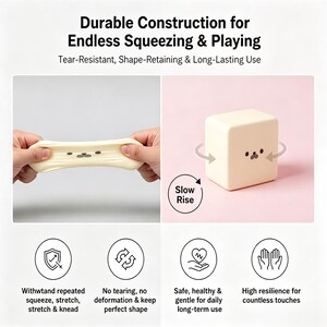 K&ouml;nnte beinhalten: Das Bild zeigt ein beiges, w&uuml;rfelf&ouml;rmiges Spielzeug mit einem Cartoon-Gesicht und ein gedehntes, &auml;hnliches Spielzeug. Der Text lautet "Durable Construction for Endless Squeezing & Playing". Das Spielzeug ist rei&szlig;fest, formbest&auml;ndig und langlebig.