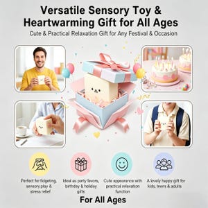 K&ouml;nnte beinhalten: Ein Bild, das ein vielseitiges sensorisches Spielzeug und Geschenk f&uuml;r alle Altersgruppen bewirbt. Das Bild zeigt ein w&uuml;rfelf&ouml;rmiges Spielzeug mit einem niedlichen Gesicht, pr&auml;sentiert in einer Geschenkbox mit rosa Schleife. Der Text auf dem Bild lautet: "Versatile Sensory Toy & Heartwarming Gift for All Ages."