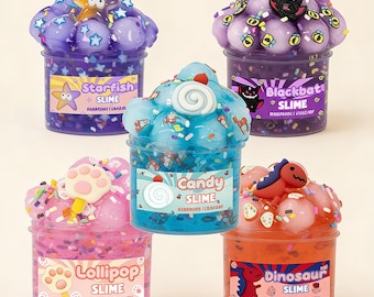 Adorable Cupcake-Style Slime in Four Themes: Starfish, Lollipop, Candy, Dino – Perfect Gift for Kids & Collectors