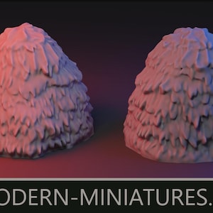 May include: Two miniature, light-colored, conical structures with a textured, layered appearance. The objects are lit with a gradient of red and blue light. The text "MODERN-MINIATURES.EU" is at the bottom.