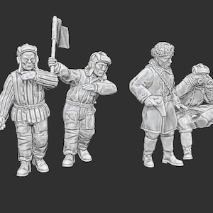 May include: A collection of five miniature figurines of soldiers in winter uniforms. The figures are in various poses, including standing with arms crossed, holding tools, and using binoculars. The figures are all in a neutral gray color.